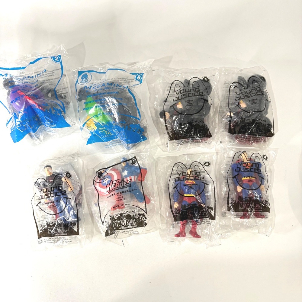 8pc McDonalds Happy Meal Toy Lot Young Justice Superman Captain America Megamind